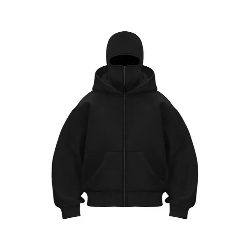 Balaclava Hoodie With Built-In Zip - Black Polyester Long Sleeve Men's Athletic Sweatshirt for Autumn Winter Sports & Casual Wear