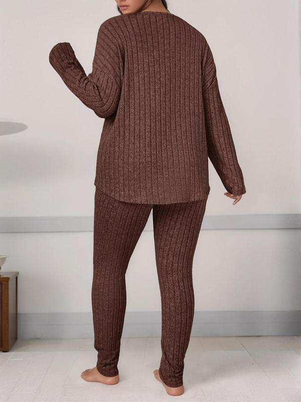 【Plus Size】 Two-Piece Set Solid Drop Shoulder Top & Skinny Pants Ribbed Pajama Set, Casual Comfy Round Neck Long Sleeve Top & Trousers Set, Women's Sleepwear for Fall & Winter, Loungewear