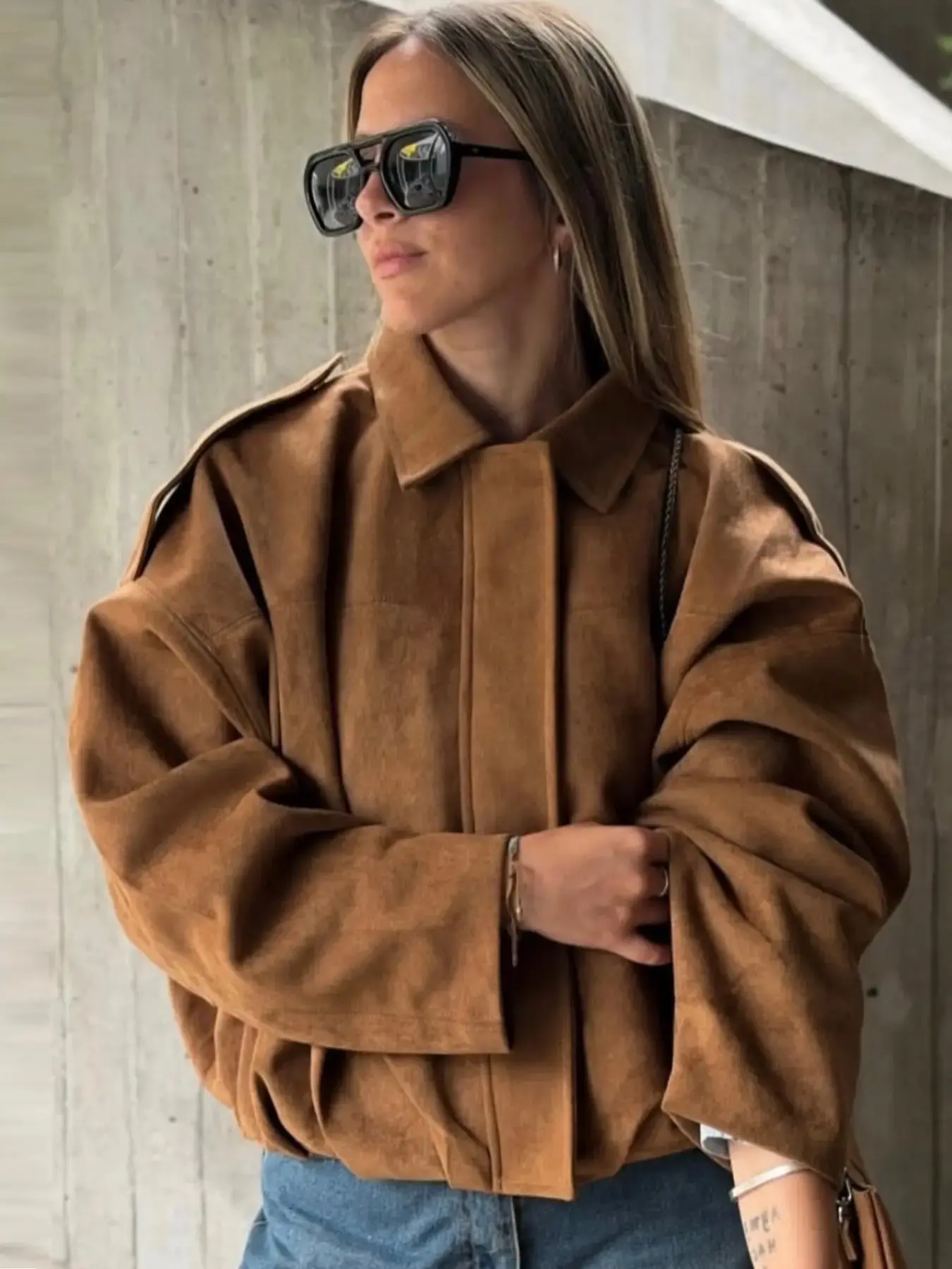 Women's Suede Cropped Oversized Baggy Jacket Women's Bomber Jacket Autumn Spring 2026 Black Burgundy Green Brown Loose Casual Coat Elegant Batwing Sleeve Zipper Outerwears Office Commute & Business Daily Wear Tops