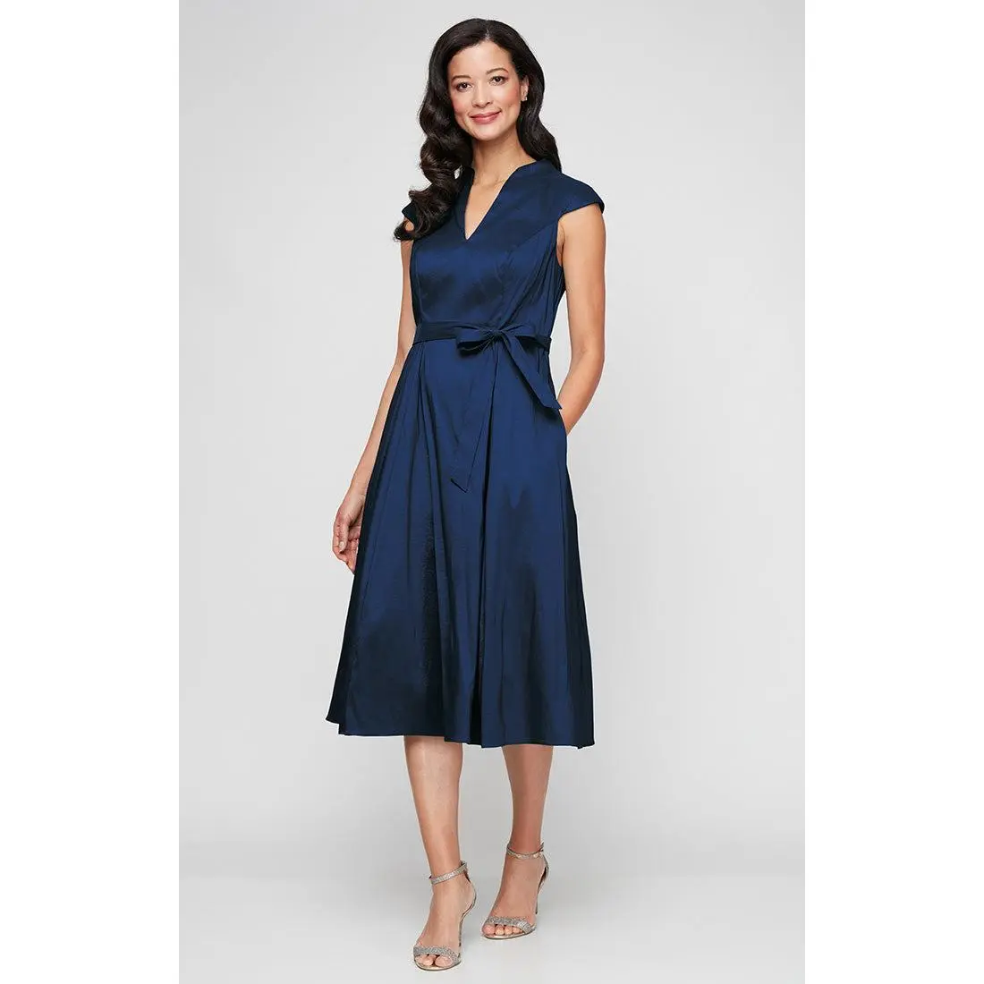 Stretch Taffeta Party Dress with A-Line Skirt & Tie Waist Detail