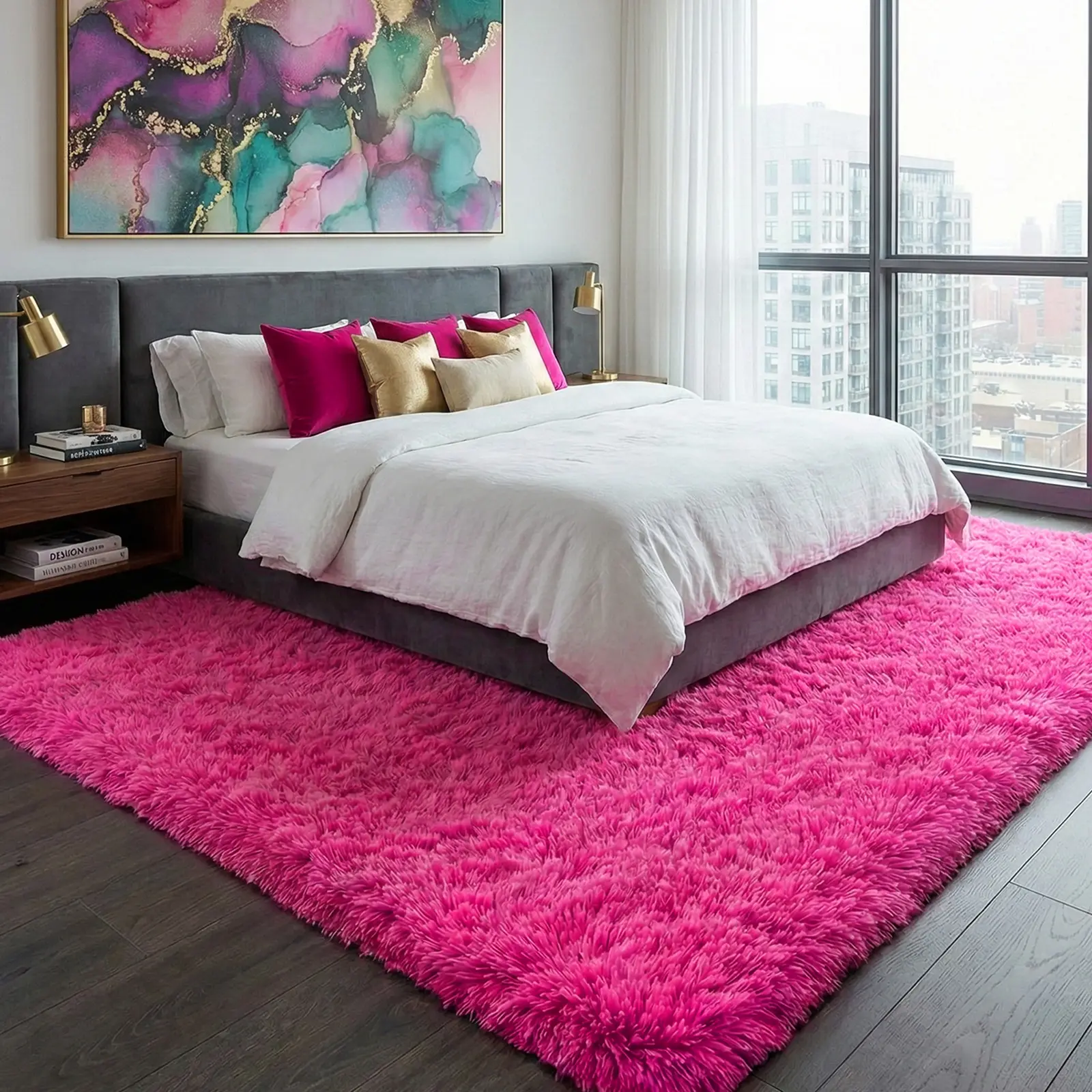 QULINT Hot Pink Shaggy Area Rug For Bedroom Living Room, Ultra Soft High Pile Plush Thick Rug with Upgraded Non-Slip Backing, Solid Indoor Floor Carpet for Modern Home Decor, Cozy Minimalist Fuzzy Luxury silky Rug, Gifts For Mother's Day and Easter