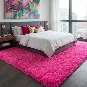 QULINT Hot Pink Shaggy Area Rug For Bedroom Living Room, Ultra Soft High Pile Plush Thick Rug with Upgraded Non-Slip Backing, Solid Indoor Floor Carpet for Modern Home Decor, Cozy Minimalist Fuzzy Luxury silky Rug, Gifts For Mother's Day and Easter