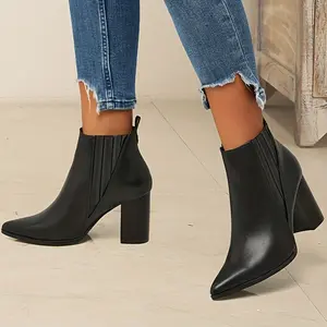 Women's Solid Color Trendy Boots, Slip On Casual Chunky Heel Ankle Boots, Point Toe Chelsea Boots  Girl Walking Shoes Footwear Rubber Comfort Onyx Insole Knee