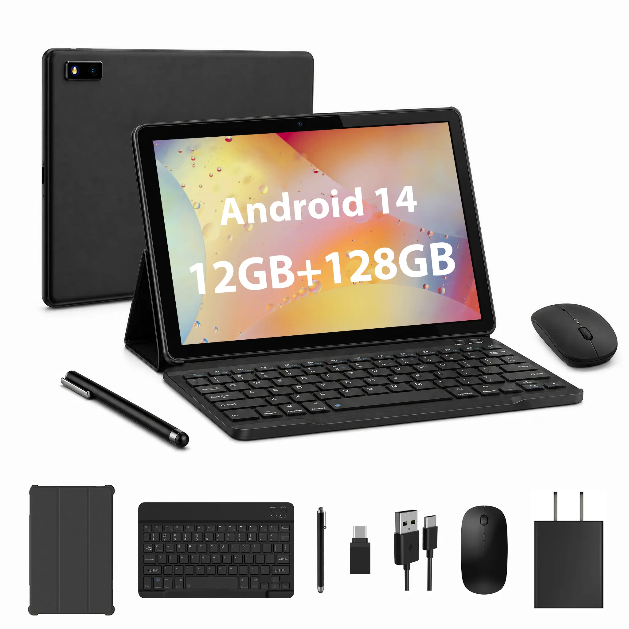 10.1-Inch Android 14 Tablet Bundle with Keyboard, Mouse, Stylus & Case, 12GB RAM (6GB+6GB Expansion), 128GB Storage, Quad-Core, 1TB Expandable, 8000mAh Battery, WiFi, Dual Speakers, USB Cable Included