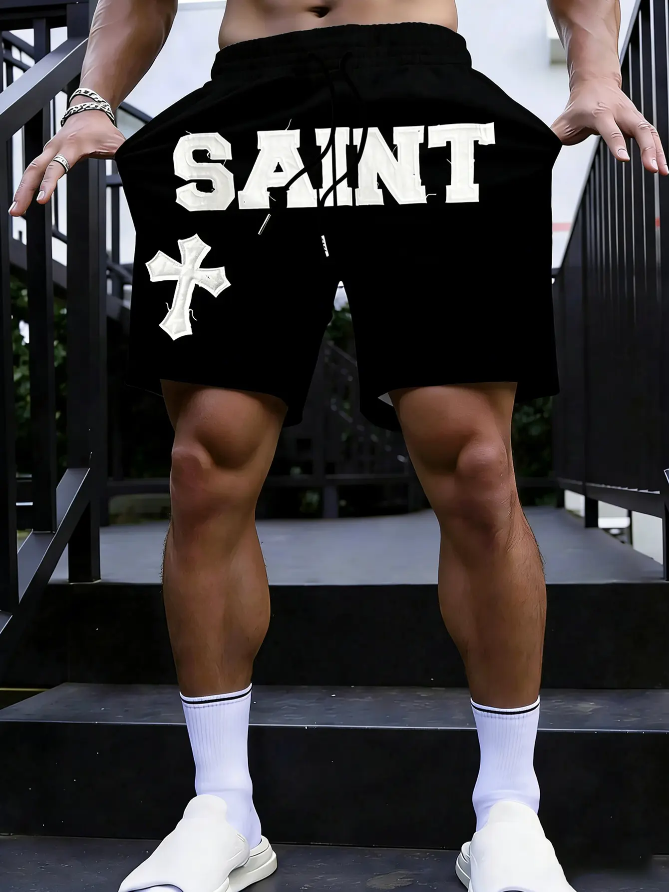 "Holy Saint" Vintage Subculture Shorts - Black, Retro Vibe  Cross & Saint Heritage, Breathable & Versatile. #HolySaintVintageShorts #SubcultureStyle