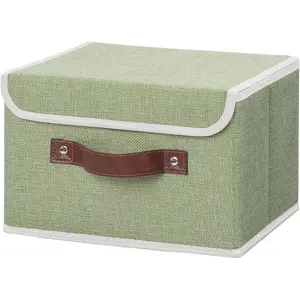Storage Bin with Lid Storage Boxes with PU Leather Handles PP Plastic Board Decorative Foldable Lidded Cotton Linen Fabric Home Cubes Baskets Closet Container - Green, Small Size