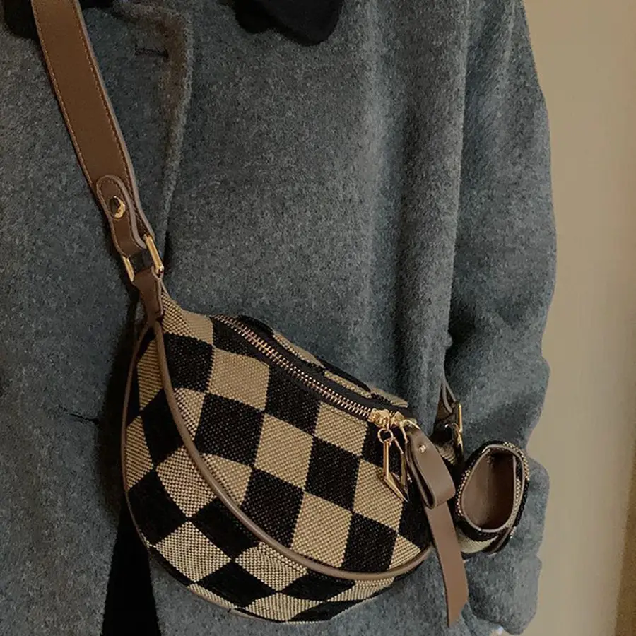 Women's Checked Pattern Fanny Pack, With Headphone Bag, Fashionable PU Leather Zipper Bum Bag For Daily Used, Casual Versatile High- Quality Daily Com