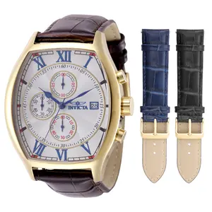 Invicta Specialty 43mm Men's Tonneau Chronograph Watch Vintage Gold Case Silver Textured Dial Blue Roman Numerals Three Interchangeable Genuine Leather Straps Black Blue Brown Japanese Quartz VD57 Movement Refined Dress Watch