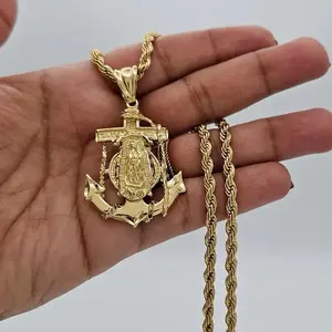 Gold Anchor Necklace, Guadalupe Anchor Pendant, 14k Heavy Plated Gold, 4mm French Rope Chain