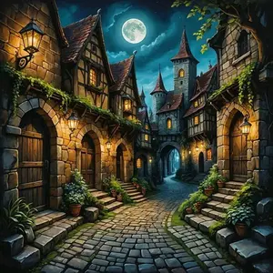 Medieval Stone Town at Moonlit Night, Multiple sizes available including square and round diamonds. This 5D DIY diamond painting set diamond art embroidery kit handmade furniture decor holiday birthday art personalized gift.