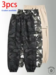 3-pack men’s long pants: men’s camouflage cargo jogger pants, loose slim fit multi-pocket casual pants with elastic drawstring design, available in multiple colors, suitable for everyday wear, holiday travel, and outdoor hiking.