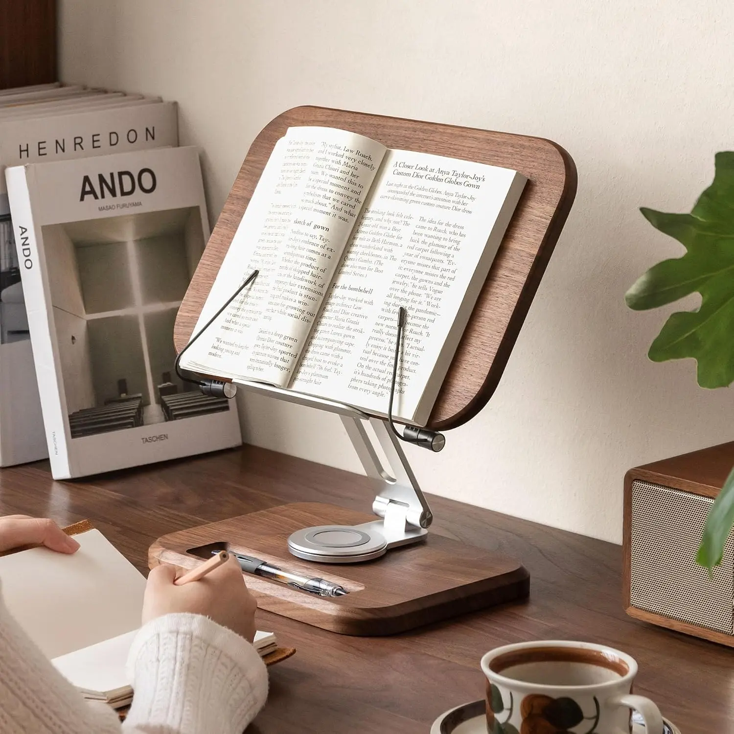 YESWOOD 100% Solid Wood Book Stand for Reading, Height Adjustable 360° Rotating Reading Holder, Foldable Aluminum Alloy Cookbook Tablet Laptop Stand with Silicone Page Clips for Office Study