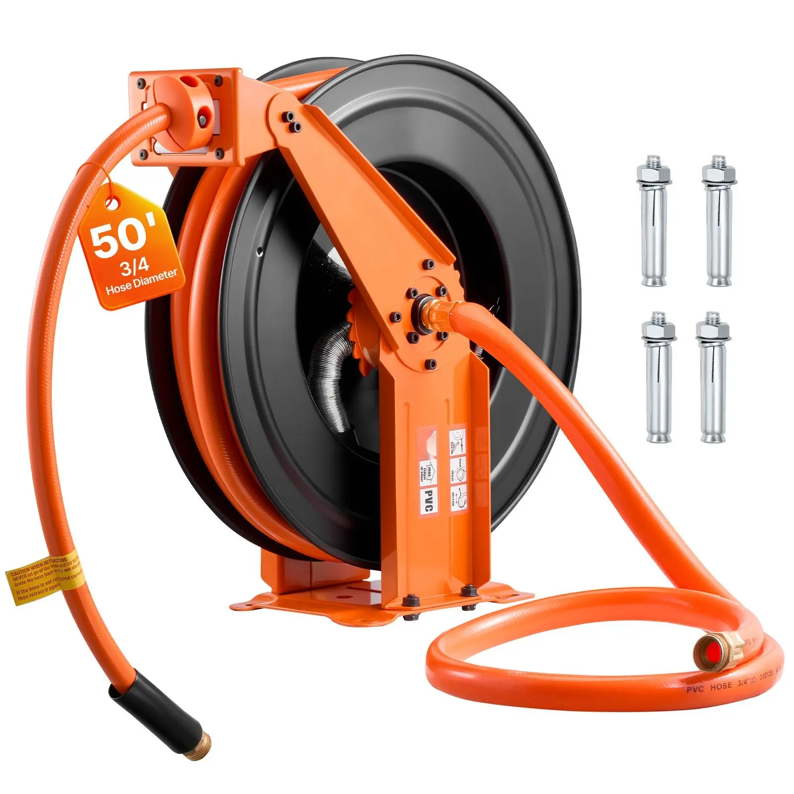 Retractable Air Hose Reel, 3/4 Inch x 50 Ft PVC Air Hose Max 300 PSI, Auto Rewind Air Compressor Hose Reel With 5 Ft Lead-In, Ceiling Or Wall Mount, Heavy Duty Steel Double Arm, Industrial Grade Construction