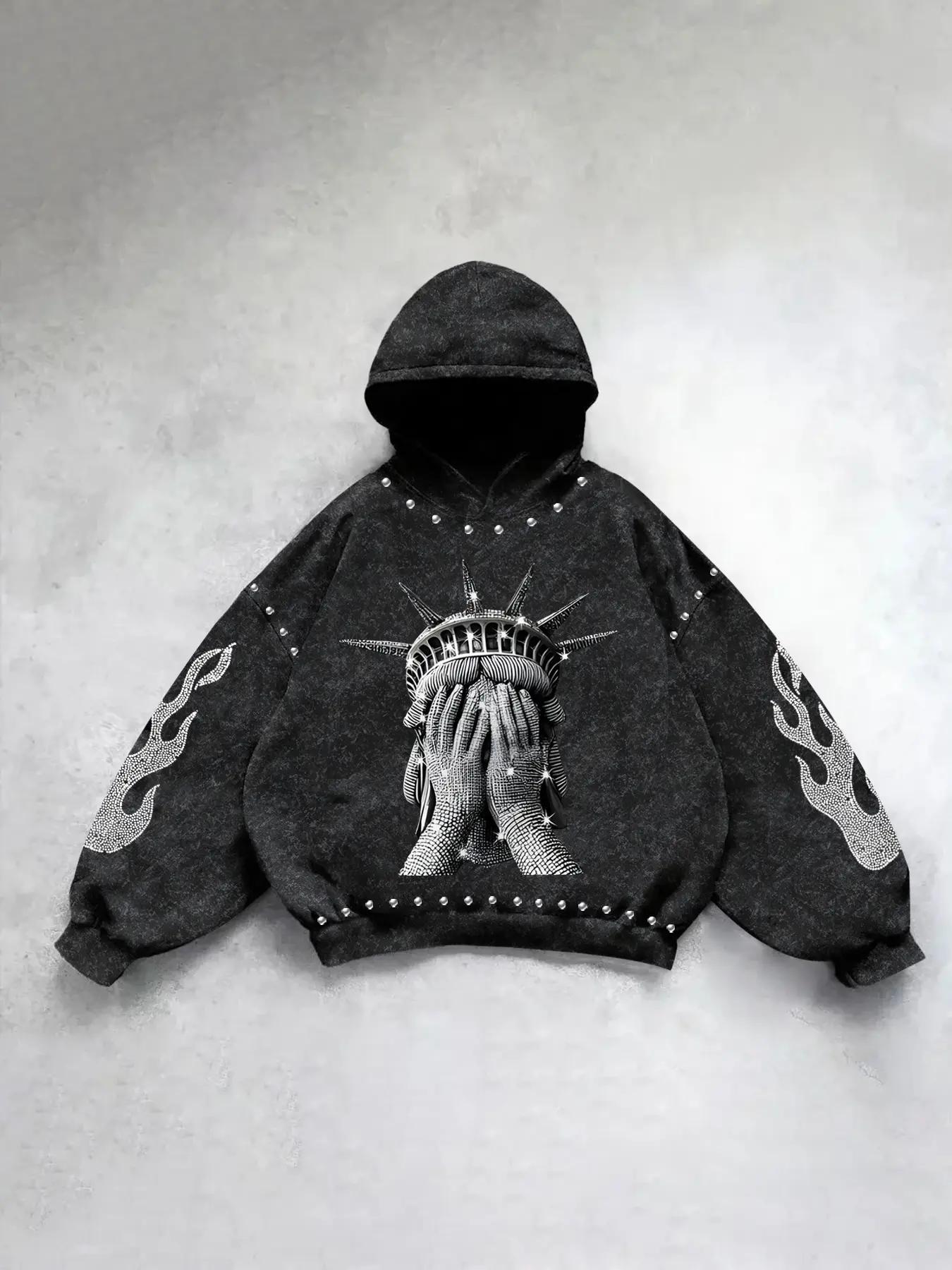 Unisex Hooded Sweatshirt with Liberty Statue Graphic Print, Flame & Rivet Sleeves, Oversized Drop Shoulder Fit, Streetwear Style