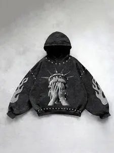 Unisex Hooded Sweatshirt with Liberty Statue Print, Flame & Rivet Sleeves, Oversized Drop Shoulder Fit, Streetwear Style