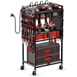 JUNNUJ Large Power Tool Organizer Cart with Charging Station, Garage Floor Standing Rolling Drill and Tools Battery Storage Cart on Wheels, Heavy Duty Utility Rack Shelf with 8 Outlet Power Strip, Red
