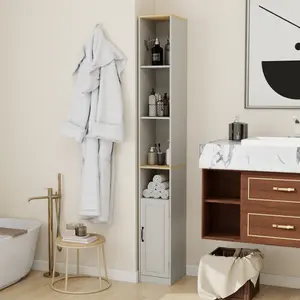 72" Tall Slim Storage Cabinet, 6-Tier Narrow Freestanding Bathroom Cabinet with 1 Door and 2 Adjustable Shelves, Bookcase Display Storage Shelves, Cube CD DVD Storage Cabinet-Antique White