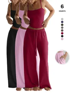 Women's Four-Season Two-Piece Set, Strapless Vest Top & Wide-Leg Pants, Casual Elastic Loose-Fit Comfortable with Pockets