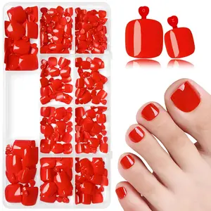 240Pcs Red Press on Toenails Short Fake Toenail, Square Glossy False Toe Glossy Red Press on Nails Artificial Toe Nail Tips Artificial Beach Red Full Cover Toenail for Women and Girls