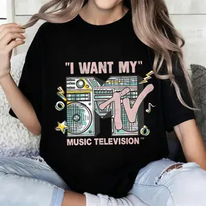100 Percent Cotton Casual Vintage Style T Shirt I Want My Music Television Retro Boombox And Tv Graphic Design Summer And Fall Wear Perfect Gift For Music Lovers And 80s Nostalgia Fans
