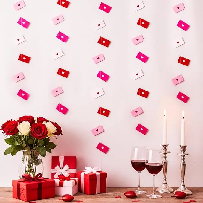 6 Strings Valentine's Day Heart Envelope Garland Backdrop Banner 39 Ft Pre-Strung Hanging Decorations for Mantle Door Wall Birthday Bachelor Party Bride Baby Shower Wedding Anniversary Engagement Graduation Classroom School Home Romantic Decor