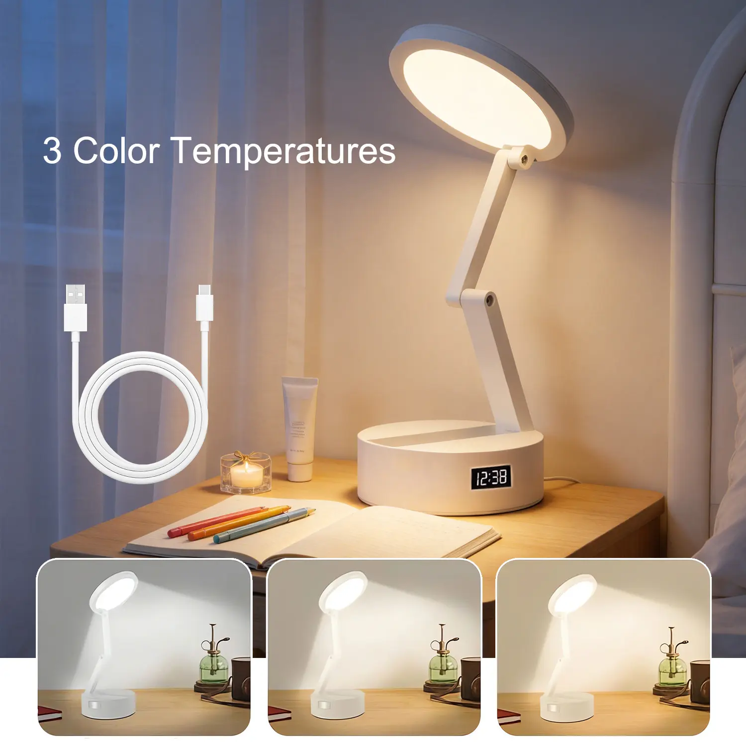 Portable Foldable Table Lamp with Clock, Rechargeable Cordless Touch Desk Lamp, 3 Color Dimmable, for Reading, Travel, Office, Nail Art & Emergency Lighting Christmas Gift