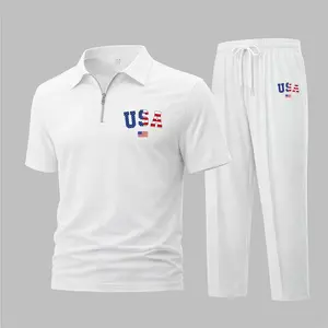 Men's 2-Piece USA Flag Print Waffle-Knit Polo Fit Tracksuit - Short-Sleeve Zip-Up Collar Top, Matching Athletic Trousers, Gym Athletic Clothes Mens Clothing Set