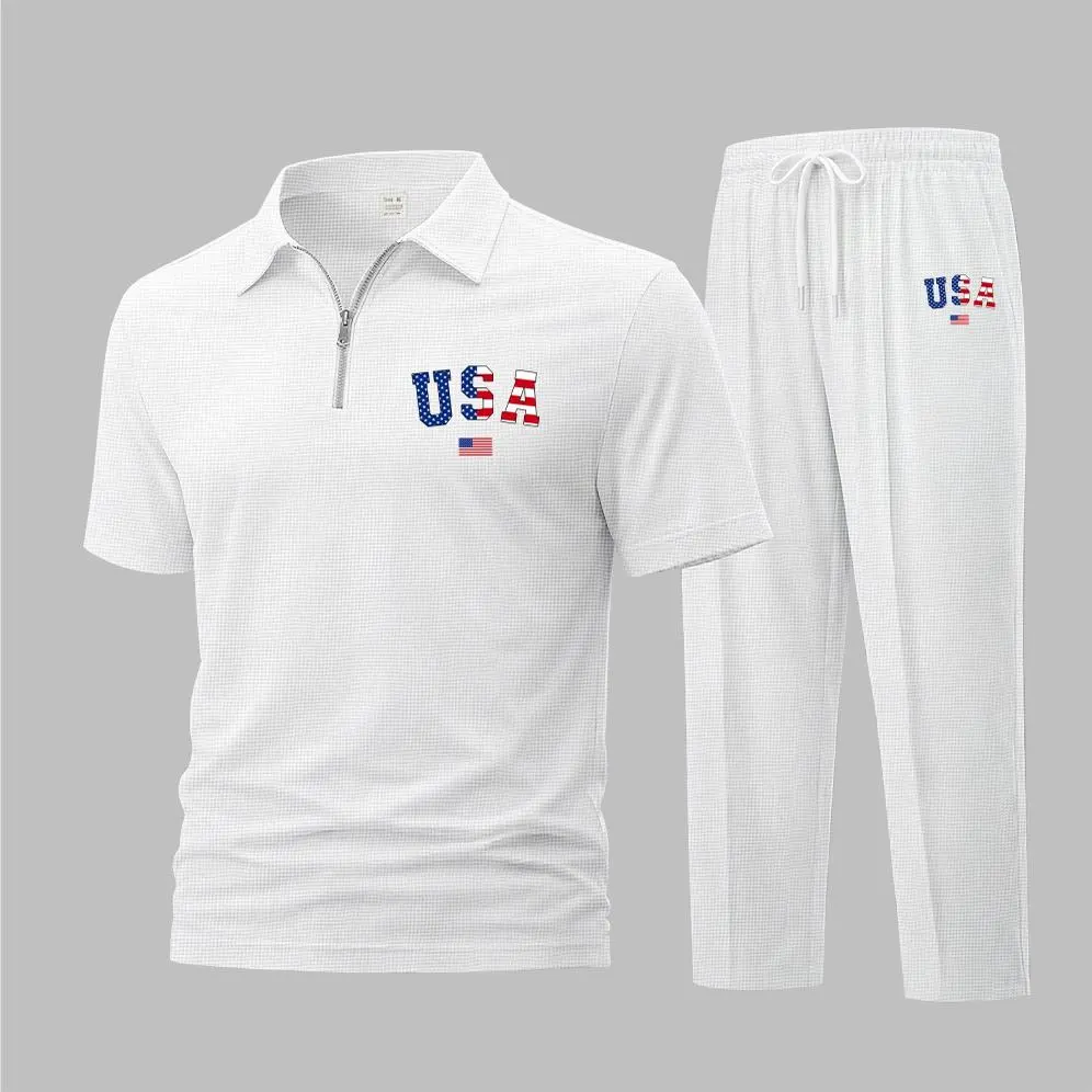 Men's 2-Piece USA Flag Print Waffle-Knit Polo Tracksuit - Short-Sleeve Zip-Up Collar Top, Matching Athletic Trousers, Casual Workout Sportswear Outfit, Casual Workout Tracksuit, Casual Sports Style, Minimalist