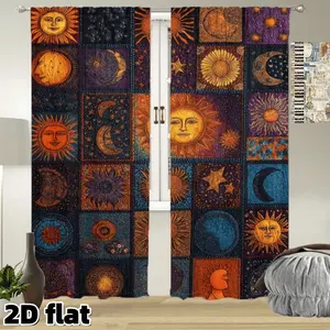2D Flat 2Pcs Vintage Sun Moon Stars Curtains Celestial Pattern Window Panels Rod Pocket Polyester Cosmic Galaxy Print Semi Sheer Drapes Home Decoration Curtain for Living Room Bedroom Kitchen Balcony Home Decor Aesthetic Tapestry Style Treatment