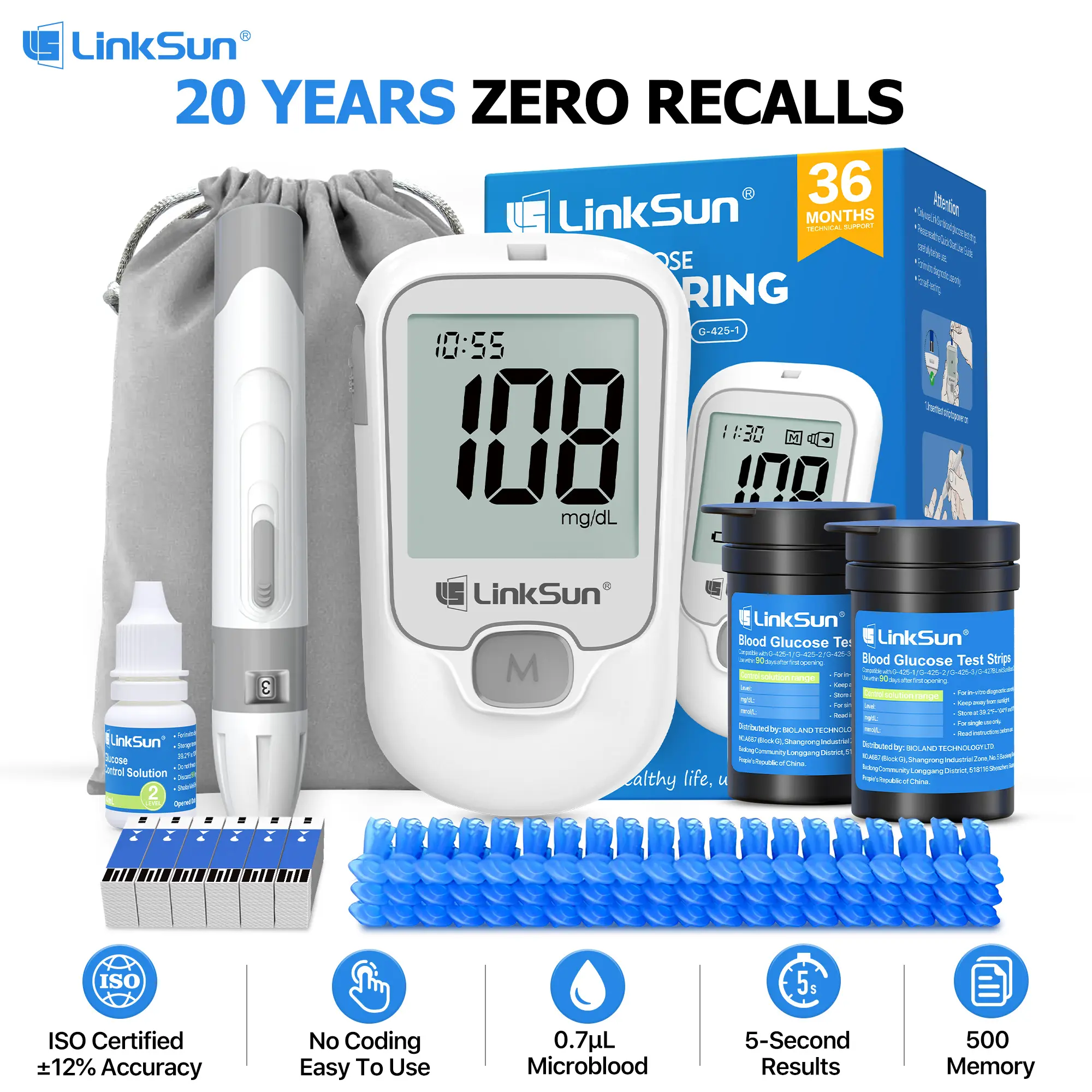 LINKSUN G-425-1 Blood Glucose Monitor Kit,ISO Certified,No Coding,Large Display,500 Memory,Control Solution,Lancing Device, 100/50 Test Strips & Lancets,Diabetes Testing Kit for Seniors homeessentials travelessentials tiktokshopbacktoschool sohochic