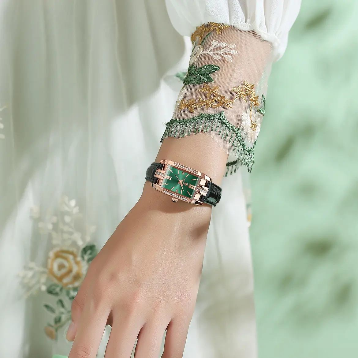 POEDAGAR Women's Alloy Quartz Watch - Rose Gold Tone, Green Round Diamond-Accented Face, Elegant Rectangle Case, Black Leather Strap, Casual Waterproof Fashion Women's Alloy Quartz Watch, Alloy Quartz Watches