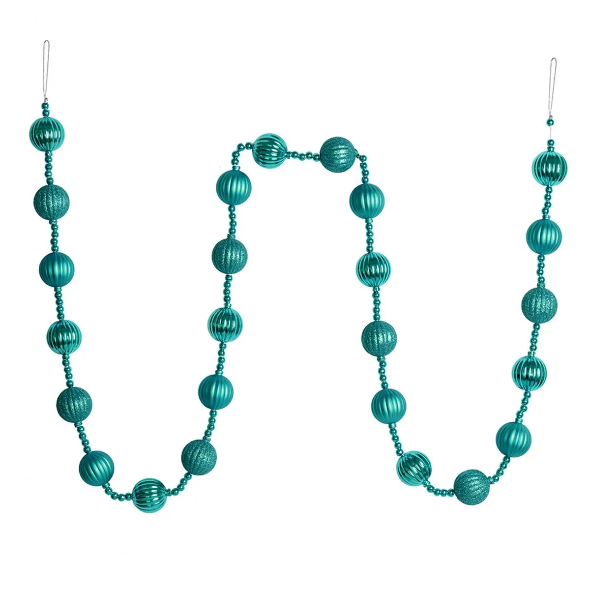212 MAIN 6 ft. Teal Stripe Plastic Ball Garland - Shiny Finish, Hanging Holiday Ornament, Ball Shape Festive Room Decor