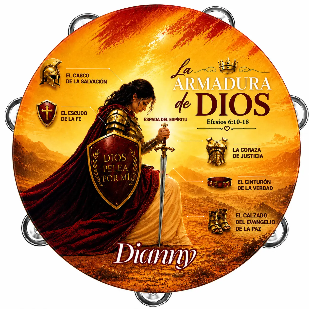 Armor of God Tambourine - Synthetic Leather Percussion Musical Instrument with Non-Slip Grip, Metal Cymbals for Rich Sound, Percussion Musical Instruments