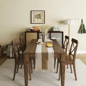 1 pc Macrame Table Runner Farmhouse Style, Natural Burlap Boho Table Runner Modern Farmhouse Decor Rustic Woven Cotton Crochet Lace For Bohemian, Rustic,Bridal, Shower Wedding, Dinner, 72" X 12"