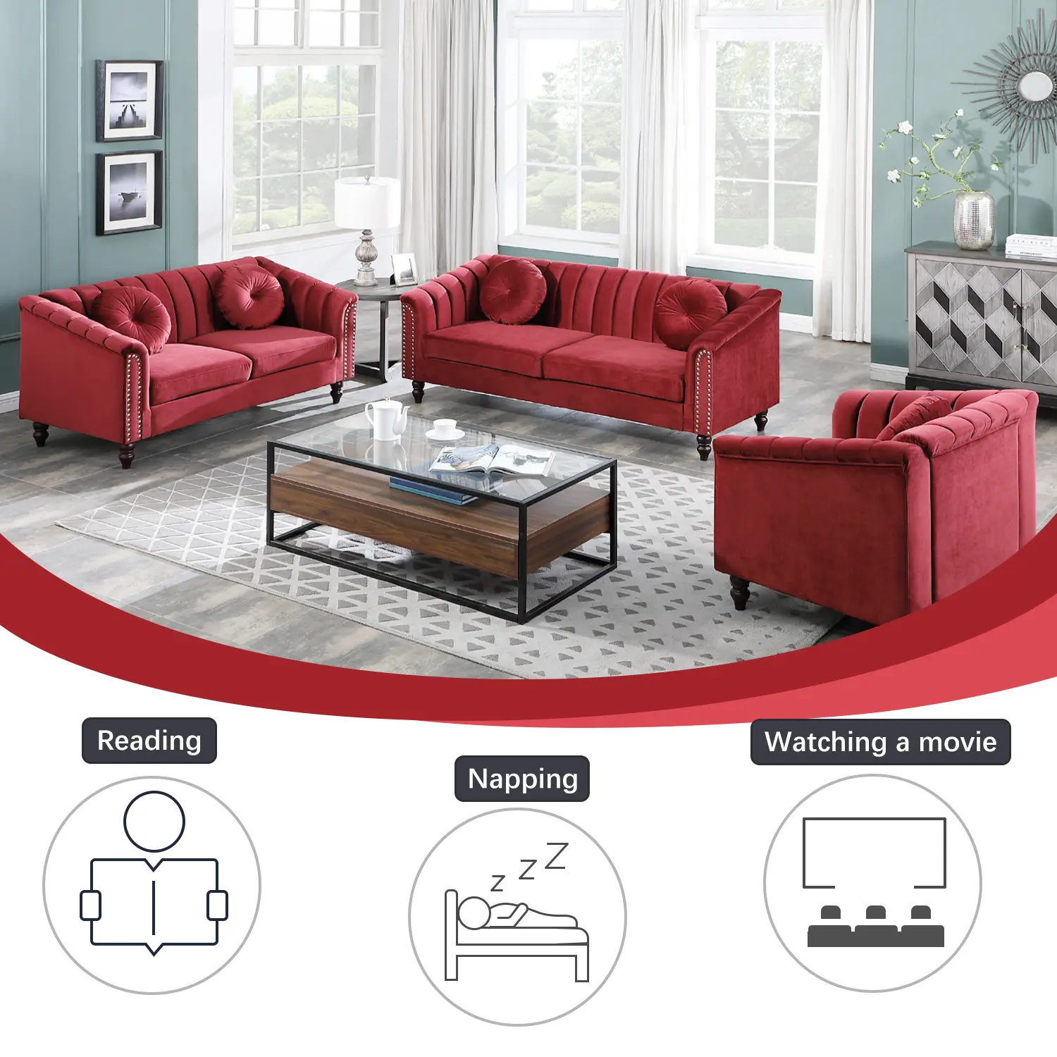 Red Microfiber 3-Piece Sofa Set for Living Room, Indoor Furniture Couch Set