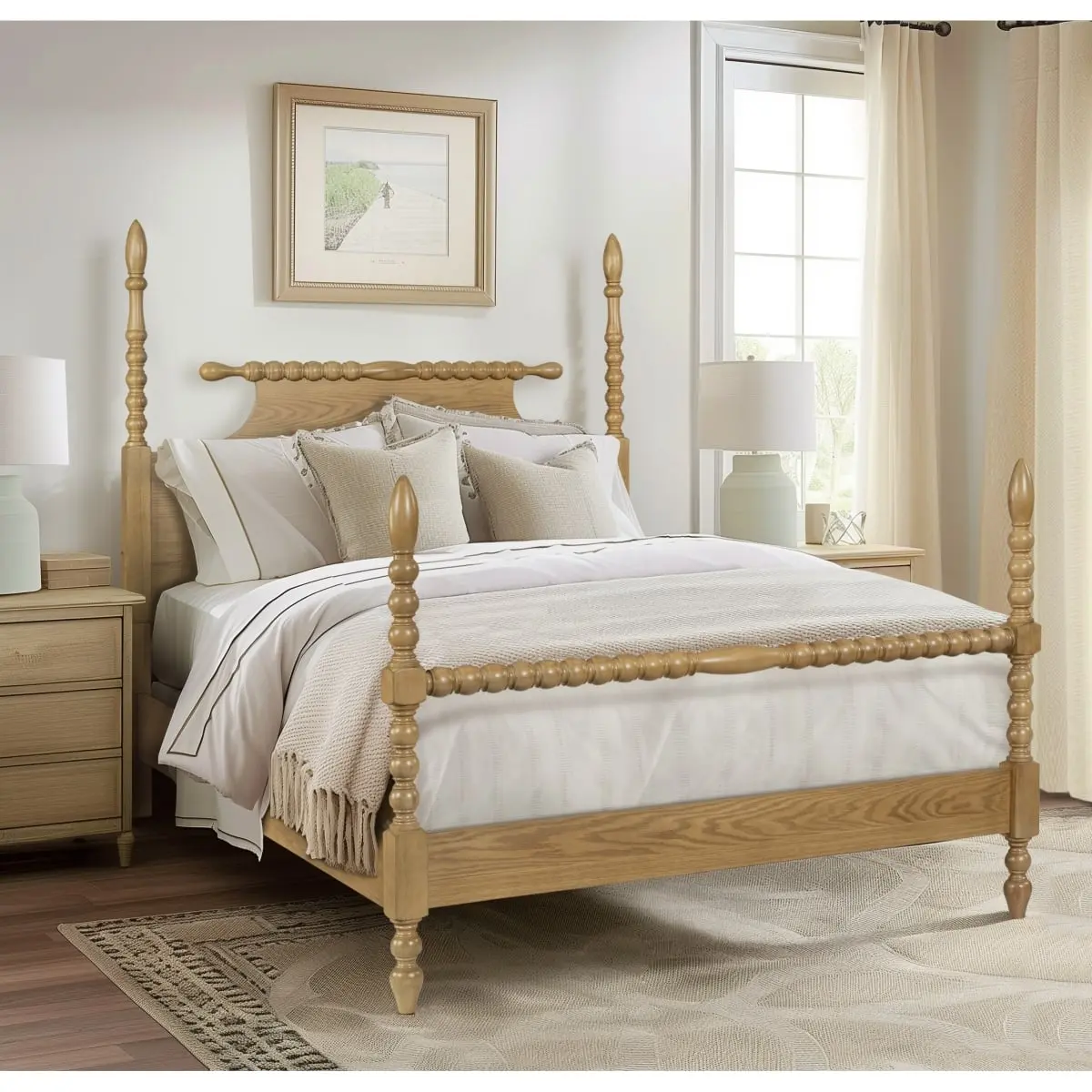 360 Stand Queen Size Bed, Madison Park Signature MPS115-0304 Beckett Traditional Bed, Natural, 87x63.5x68 in, Solid Wood, Turned Posts