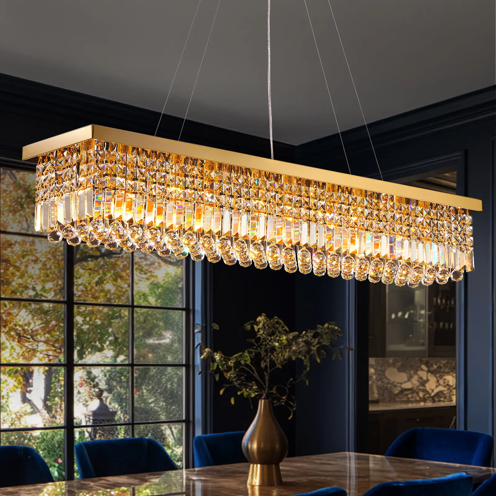 Modern Crystal Linear Chandelier, Luxury Pendant Ceiling Light with Sparkling K9 Crystal, Elegant Statement Fixture Designed to Transform Dining Rooms, Kitchen Islands & Living Spaces