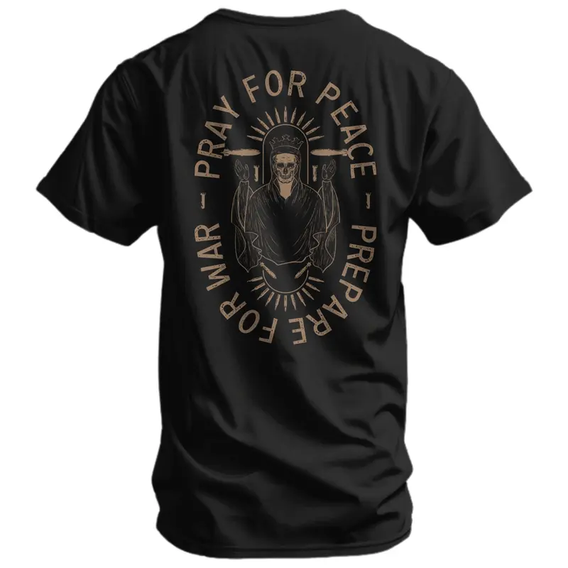 COMBAT IRON Men's Soft Cotton Graphic T-Shirt - Short-Sleeve, Round Neck, Athletic Cut Male Clothing with "Pray For Peace. Prepare For War." Print, Breathable Cotton Fabric