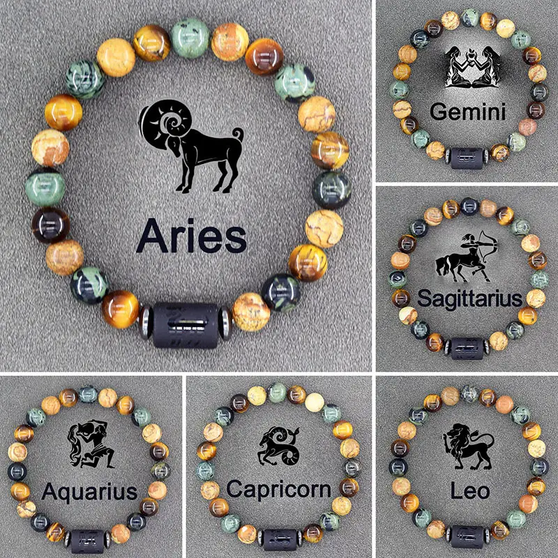 12 Zodiac Signs Handmade Beaded Bracelet for Men and Women, Elastic Yoga Elastic Crystal Tiger Eye Bracelet, Astrological Gift,Father's day Gift