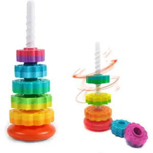 Rainbow Tower Blocks Rotating Stack Toy, Wooden Colorful Sensory Stacking Game, Kids Jenga-Style Puzzle, Baby Educational Toys