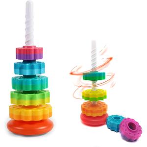 nursery rainbow rotating tower toy, colorful wooden stacking toy sensory toys jenga game for kids play, stacked puzzle baby toys, rainbow tower blocks toy for kids, play, shape sorter