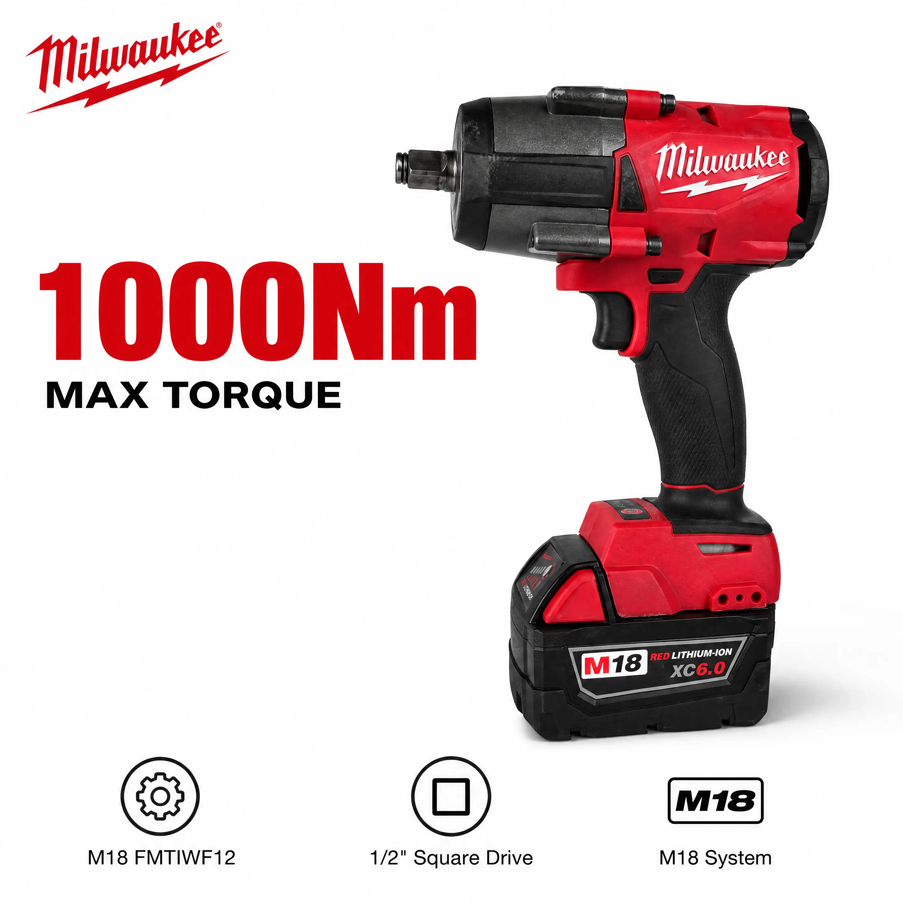 Milwaukee M18 FMTIWF12 1/2 Inch Cordless Impact Wrench Kit with XC6.0 Battery for Auto Truck Repair, Brushless Power Tool Features 1000Nm Breakout Output Designed for Fast Frozen Lug Nut Removal Work