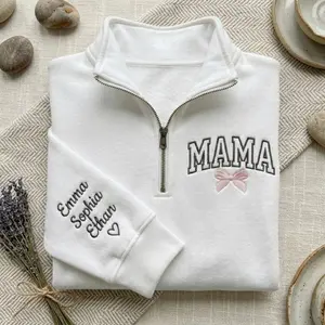 Custom Coquette Bow Mama Embroidered Quarter Zip Sweatshirt With Kid Names On Sleeve, Mother's Day Gifts, Mom Sweatshirt, Mama Era Crewneck