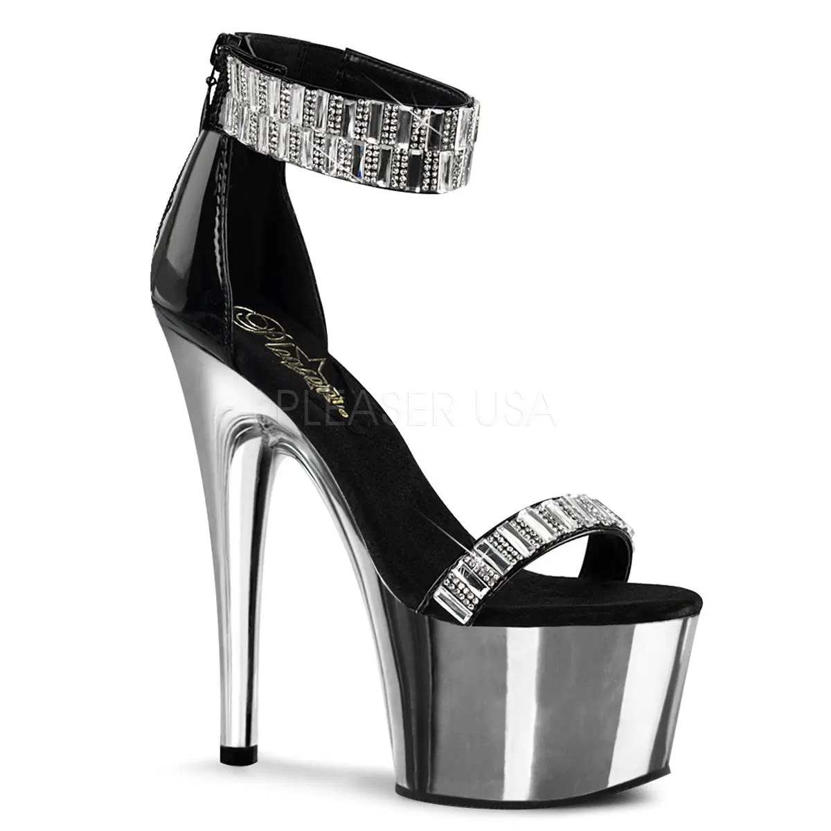 7 Inch Heel ADORE-769RS Black Silver Chrome Sandal Stylish
