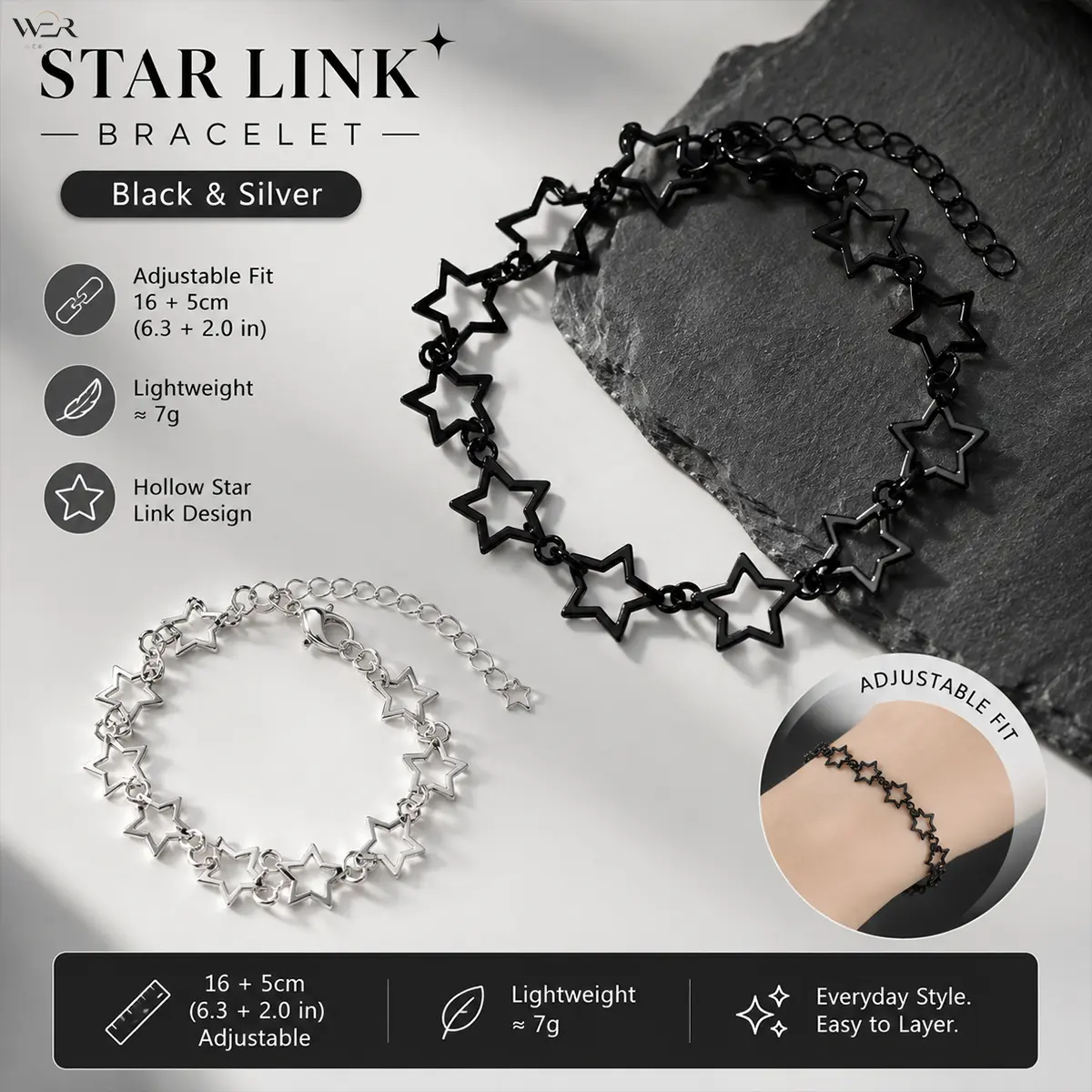 Women's Star Link Bangle, Black-Silver Hollow Sparkling Elegant Lightweight Comfortable Versatile 16 + 5 Cm 7 g Costume Jewelry Bracelet for Daily Wear & Special Occasion Summer Gift Accessory