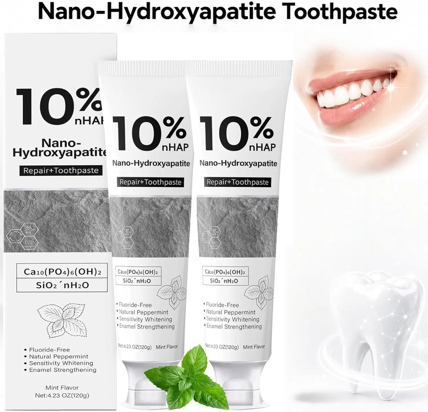 MOSMIA Nano-Hydroxyapatite Toothpaste, Fluoride-Free Remineralizing Formula for Enamel Repair and Whitening, Soothes Sensitivity, Natural Peppermint Flavor, 4.23 oz, Remineralizing Toothpaste, Toothpaste Without Fluoride