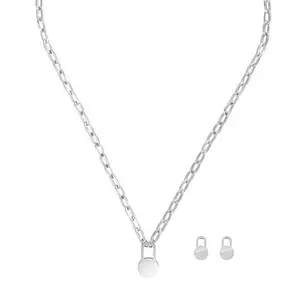 Stately Steel Round Padlock Chain Necklace and Earring Set