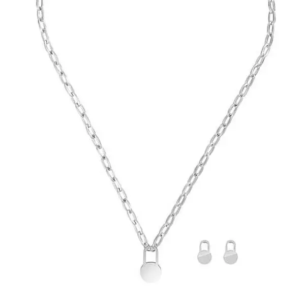 Stately Steel Round Padlock Chain Necklace and Earring Set