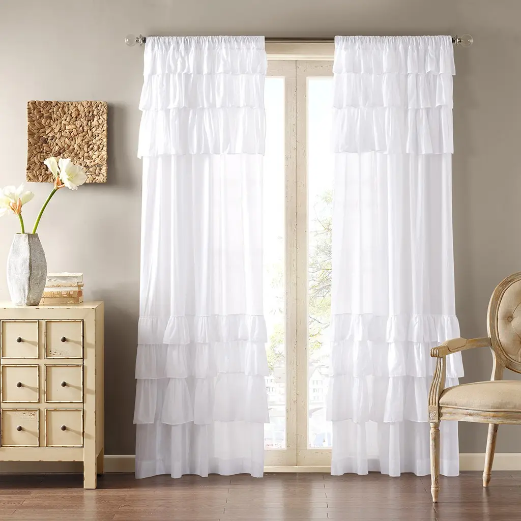 White Cotton Curtain Panel with Oversized Ruffles, 50x84 Inches, Rod Pocket, Light Filtering, Farmhouse Window Drape for Living Room, Bedroom, Nursery