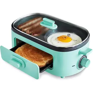 3-in-1 Breakfast Maker Station, Healthy Ceramic Nonstick Dual Griddles for Eggs Meat Sausage Bacon Pancakes and Breakfast Sandwiches, 2 Slice Toast Drawer, Easy-to-use Timer, Turquoise